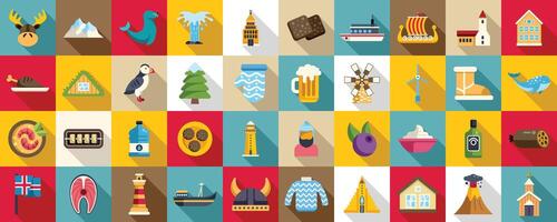 Iceland icons set flat vector. North island polar vector