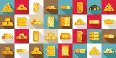 Ingot gold icons set flat vector. Money coin brick vector