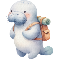 AI generated Manatee with a Backpack cute cartoon watercolor isolate png