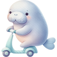 ai gegenereerd lamantijn Aan een scooter schattig tekenfilm waterverf isoleren png