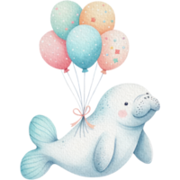 ai gerado peixe-boi com balões aguarela oceano animal adorável png