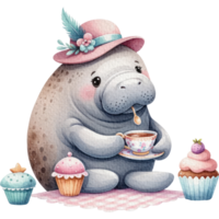 AI generated Manatee Tea Party watercolor ocean animal adorable png