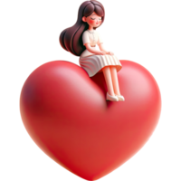 ai generado hembra personaje linda sentar en grande corazón globo que cae en amor concepto para amor y enamorado. png