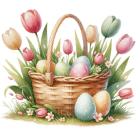 ai généré Pâques fleur panier Pâques des œufs aquarelle png