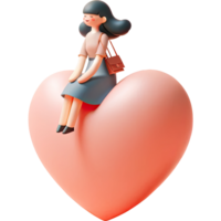 ai généré femelle personnage mignonne asseoir sur gros cœur ballon chute dans l'amour concept pour l'amour et Valentin. png