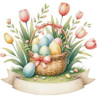 ai generado Pascua de Resurrección flor cesta Pascua de Resurrección huevos acuarela png