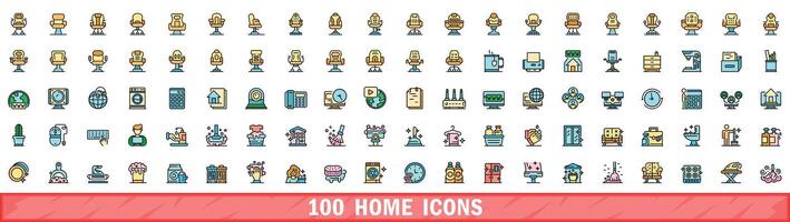 100 home icons set, color line style vector