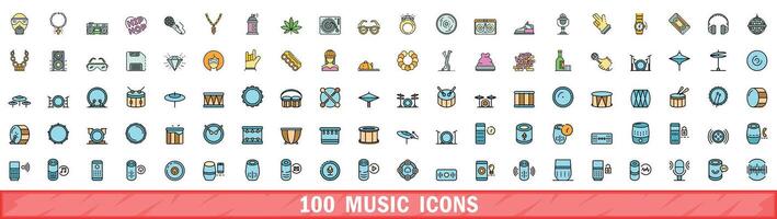 100 music icons set, color line style vector