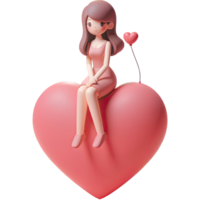 ai generado hembra personaje linda sentar en grande corazón globo que cae en amor concepto para amor y enamorado. png