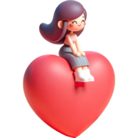 ai généré femelle personnage mignonne asseoir sur gros cœur ballon chute dans l'amour concept pour l'amour et Valentin. png