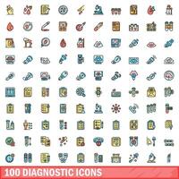 100 diagnostic icons set, color line style vector