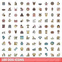 100 dog icons set, color line style vector