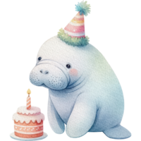 ai generado manatí cumpleaños fiesta linda dibujos animados acuarela aislar png