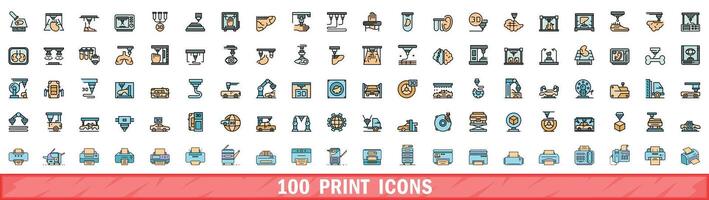 100 print icons set, color line style vector