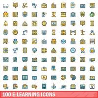 100 e-learning icons set, color line style vector