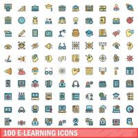 100 e-learning icons set, color line style vector