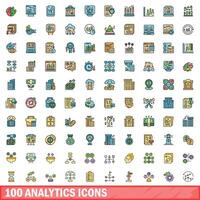 100 analytics icons set, color line style vector