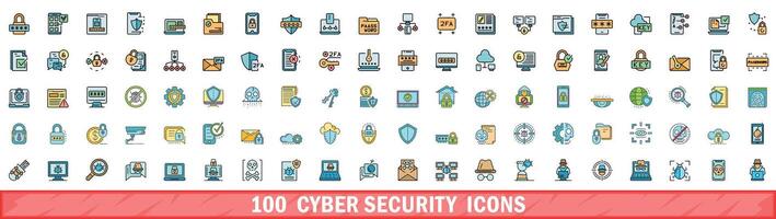 100 cyber security icons set, color line style vector