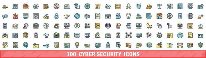 100 cyber security icons set, color line style vector