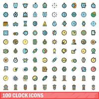 100 clock icons set, color line style vector