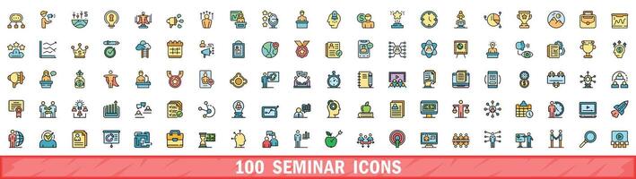 100 seminar icons set, color line style vector