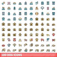 100 dog icons set, color line style vector