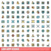 100 app icons set, color line style vector