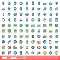 100 reloj íconos colocar, color línea estilo vector