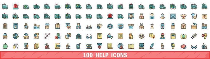 100 help icons set, color line style vector