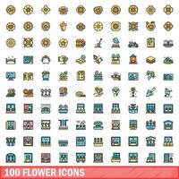 100 flower icons set, color line style vector