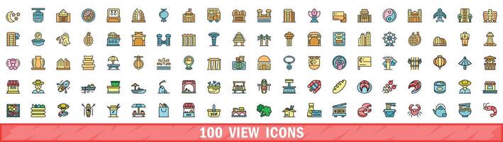 100 view icons set, color line style vector