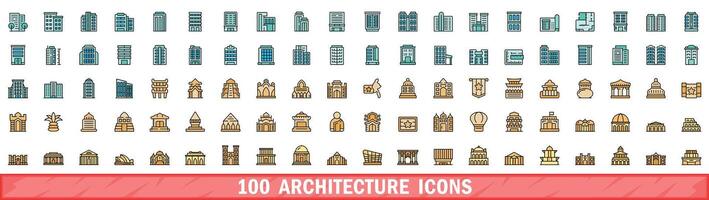 100 architecture icons set, color line style vector