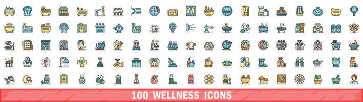 100 wellness icons set, color line style vector