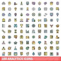 100 analytics icons set, color line style vector