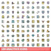 100 analytics icons set, color line style vector