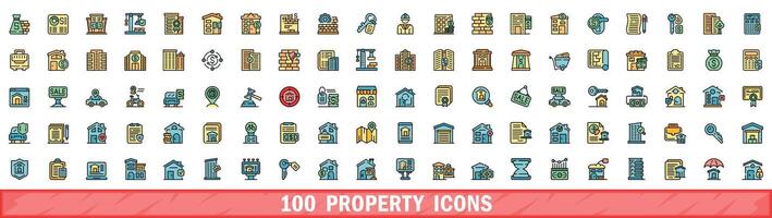 100 property icons set, color line style vector