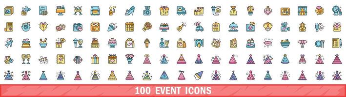 100 event icons set, color line style vector