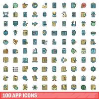 100 app icons set, color line style vector