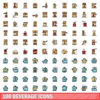 100 beverage icons set, color line style vector