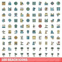 100 beach icons set, color line style vector