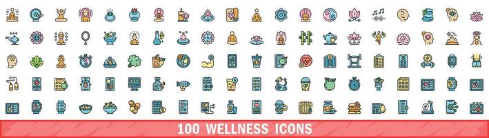 100 wellness icons set, color line style vector