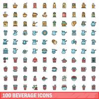 100 beverage icons set, color line style vector