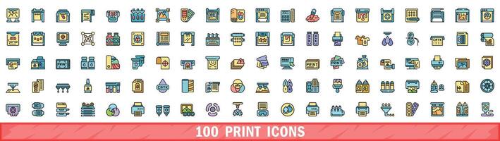 100 print icons set, color line style vector