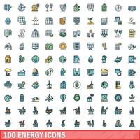 100 energy icons set, color line style vector