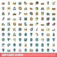 100 care icons set, color line style vector