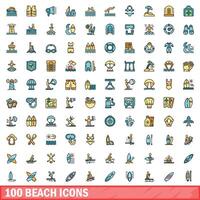 100 beach icons set, color line style vector