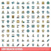 100 beach icons set, color line style vector