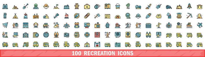 100 recreation icons set, color line style vector