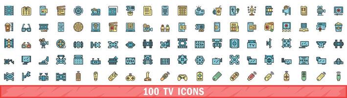 100 tv icons set, color line style vector