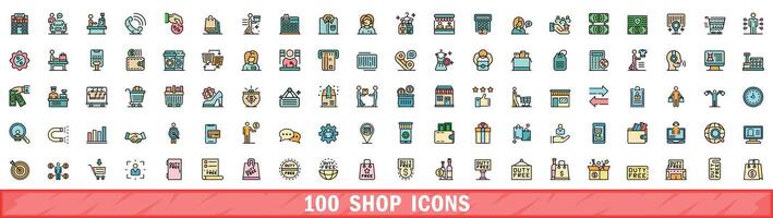 100 shop icons set, color line style vector